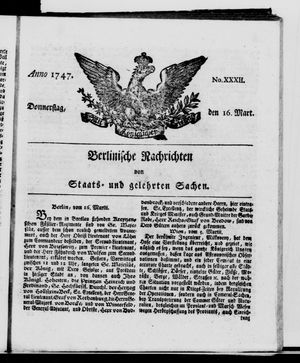 Berlinische Nachrichten von Staats- und gelehrten Sachen vom 16.03.1747