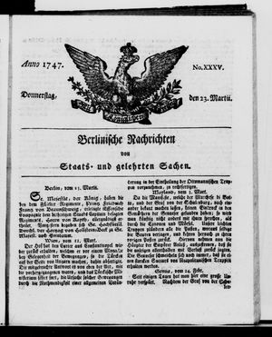 Berlinische Nachrichten von Staats- und gelehrten Sachen vom 23.03.1747