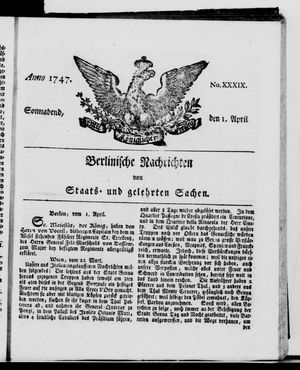 Berlinische Nachrichten von Staats- und gelehrten Sachen on Apr 1, 1747
