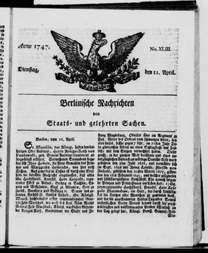 Berlinische Nachrichten von Staats- und gelehrten Sachen vom 11.04.1747