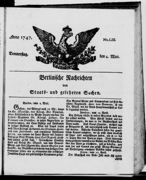 Berlinische Nachrichten von Staats- und gelehrten Sachen vom 04.05.1747