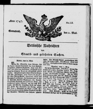 Berlinische Nachrichten von Staats- und gelehrten Sachen vom 20.05.1747