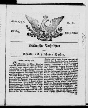 Berlinische Nachrichten von Staats- und gelehrten Sachen on May 23, 1747