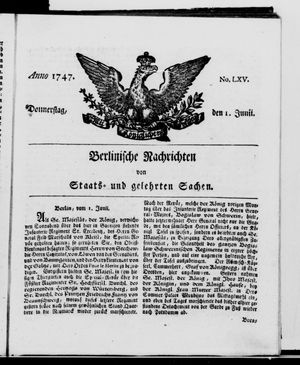 Berlinische Nachrichten von Staats- und gelehrten Sachen vom 01.06.1747