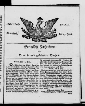 Berlinische Nachrichten von Staats- und gelehrten Sachen vom 17.06.1747