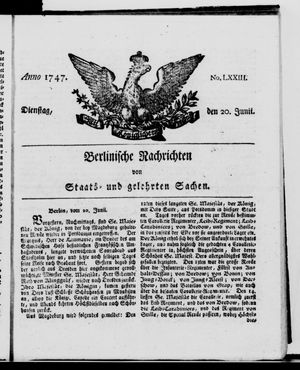 Berlinische Nachrichten von Staats- und gelehrten Sachen vom 20.06.1747