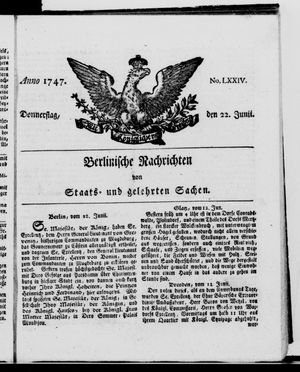 Berlinische Nachrichten von Staats- und gelehrten Sachen vom 22.06.1747
