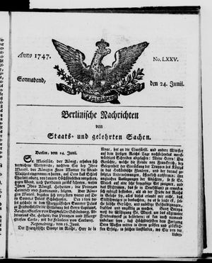 Berlinische Nachrichten von Staats- und gelehrten Sachen vom 24.06.1747