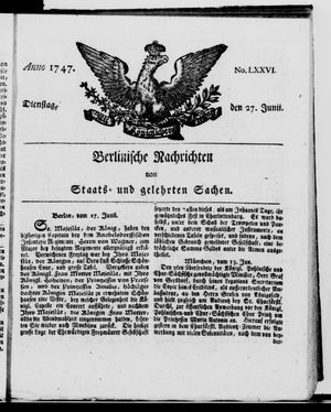Berlinische Nachrichten von Staats- und gelehrten Sachen vom 27.06.1747