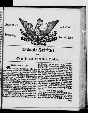 Berlinische Nachrichten von Staats- und gelehrten Sachen vom 27.07.1747