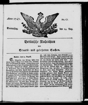 Berlinische Nachrichten von Staats- und gelehrten Sachen vom 24.08.1747