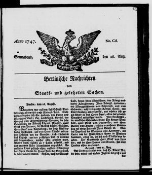 Berlinische Nachrichten von Staats- und gelehrten Sachen vom 26.08.1747