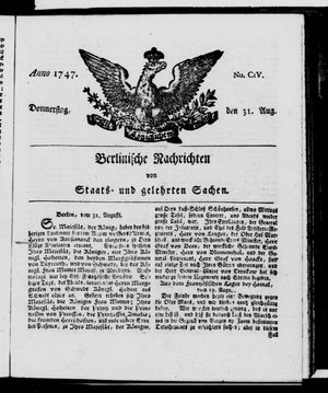 Berlinische Nachrichten von Staats- und gelehrten Sachen vom 31.08.1747