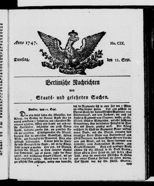 Berlinische Nachrichten von Staats- und gelehrten Sachen vom 12.09.1747