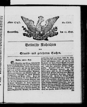 Berlinische Nachrichten von Staats- und gelehrten Sachen vom 21.09.1747
