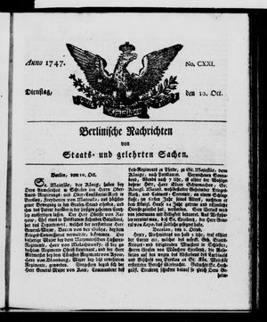 Berlinische Nachrichten von Staats- und gelehrten Sachen vom 10.10.1747