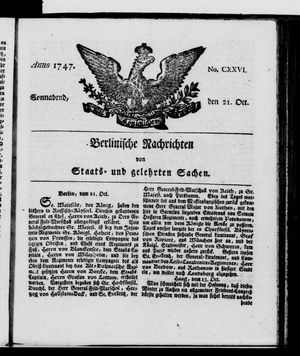 Berlinische Nachrichten von Staats- und gelehrten Sachen vom 21.10.1747