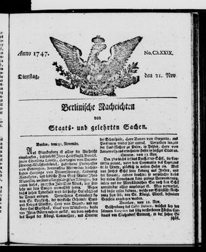 Berlinische Nachrichten von Staats- und gelehrten Sachen vom 21.11.1747
