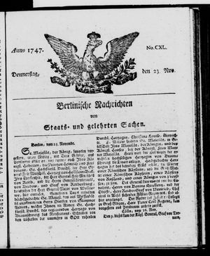 Berlinische Nachrichten von Staats- und gelehrten Sachen vom 23.11.1747