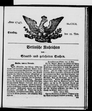 Berlinische Nachrichten von Staats- und gelehrten Sachen vom 28.11.1747