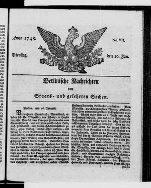 Berlinische Nachrichten von Staats- und gelehrten Sachen vom 16.01.1748