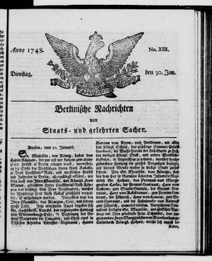Berlinische Nachrichten von Staats- und gelehrten Sachen vom 30.01.1748