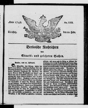 Berlinische Nachrichten von Staats- und gelehrten Sachen vom 20.02.1748