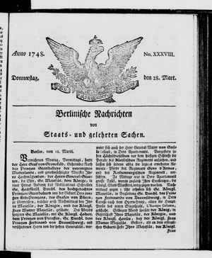 Berlinische Nachrichten von Staats- und gelehrten Sachen vom 28.03.1748