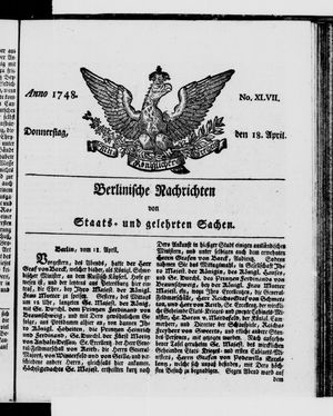Berlinische Nachrichten von Staats- und gelehrten Sachen on Apr 18, 1748