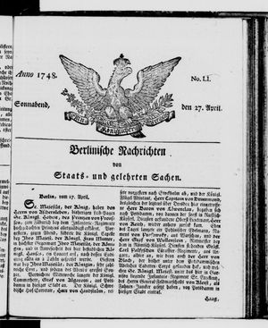 Berlinische Nachrichten von Staats- und gelehrten Sachen on Apr 27, 1748