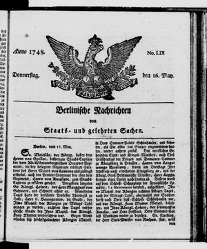 Berlinische Nachrichten von Staats- und gelehrten Sachen vom 16.05.1748