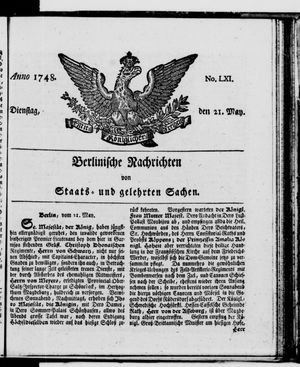 Berlinische Nachrichten von Staats- und gelehrten Sachen vom 21.05.1748