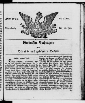 Berlinische Nachrichten von Staats- und gelehrten Sachen vom 22.06.1748