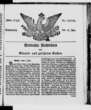 Berlinische Nachrichten von Staats- und gelehrten Sachen vom 29.06.1748