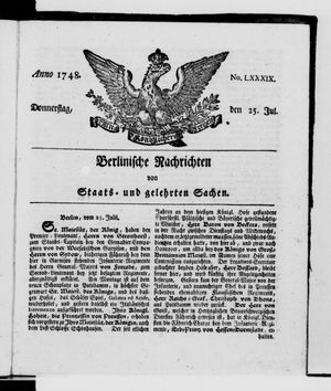 Berlinische Nachrichten von Staats- und gelehrten Sachen vom 25.07.1748