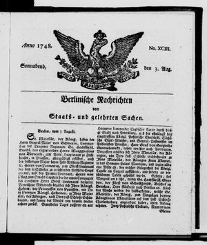 Berlinische Nachrichten von Staats- und gelehrten Sachen on Aug 3, 1748