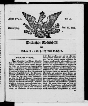 Berlinische Nachrichten von Staats- und gelehrten Sachen vom 22.08.1748