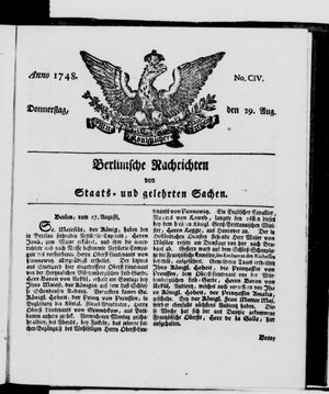 Berlinische Nachrichten von Staats- und gelehrten Sachen vom 29.08.1748