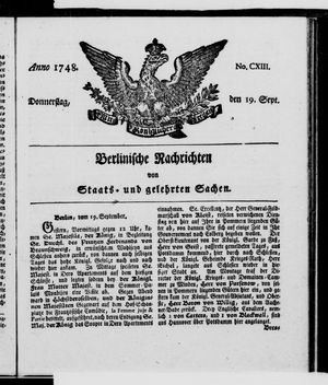 Berlinische Nachrichten von Staats- und gelehrten Sachen vom 19.09.1748