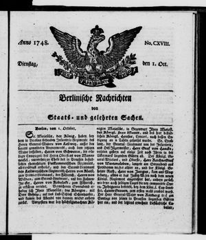 Berlinische Nachrichten von Staats- und gelehrten Sachen on Oct 1, 1748