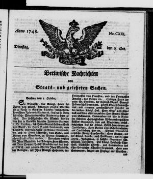 Berlinische Nachrichten von Staats- und gelehrten Sachen on Oct 8, 1748