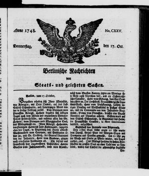 Berlinische Nachrichten von Staats- und gelehrten Sachen vom 17.10.1748