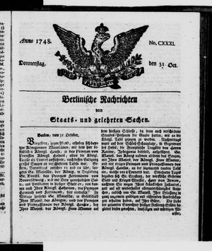 Berlinische Nachrichten von Staats- und gelehrten Sachen vom 31.10.1748