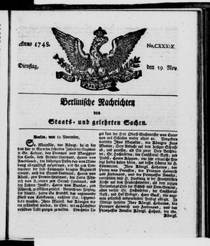Berlinische Nachrichten von Staats- und gelehrten Sachen vom 19.11.1748