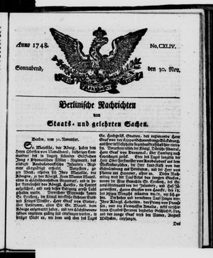 Berlinische Nachrichten von Staats- und gelehrten Sachen on Nov 30, 1748