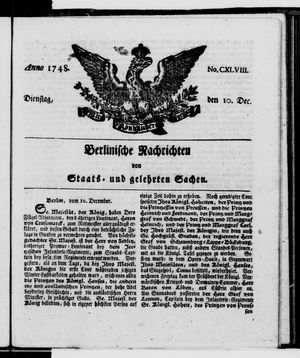 Berlinische Nachrichten von Staats- und gelehrten Sachen vom 10.12.1748