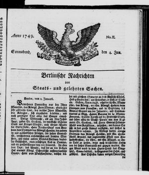 Berlinische Nachrichten von Staats- und gelehrten Sachen vom 04.01.1749
