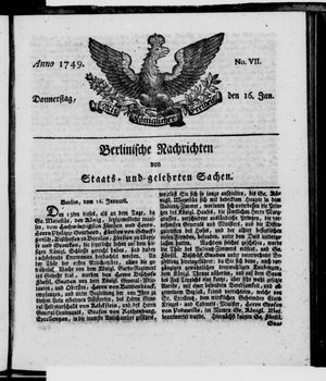 Berlinische Nachrichten von Staats- und gelehrten Sachen vom 16.01.1749