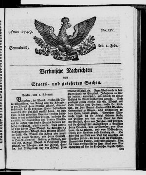 Berlinische Nachrichten von Staats- und gelehrten Sachen vom 01.02.1749