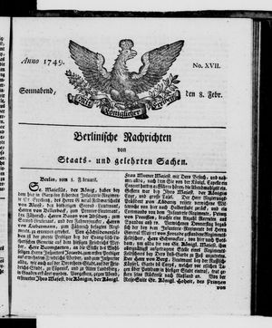 Berlinische Nachrichten von Staats- und gelehrten Sachen vom 08.02.1749